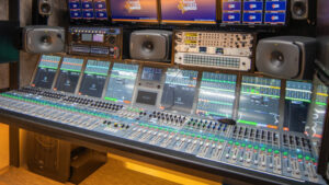 AV-over-IP GCC professional broadcast installation — Calrec Artemis mixing console in IP production environment